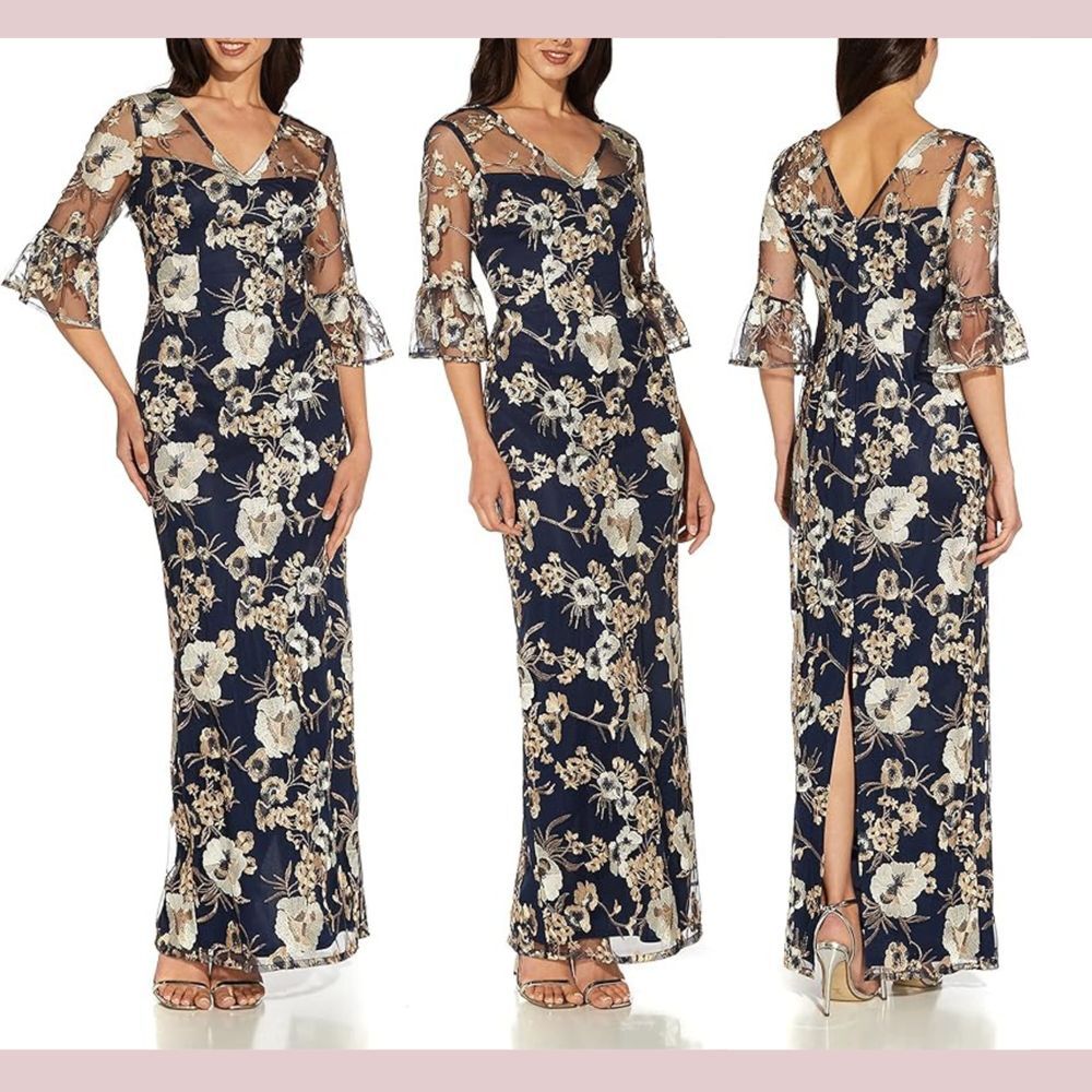 NWT Adrianna Papell [ 22W ] Floral Bell Sleeve Embroidered Column Gown Blue‎